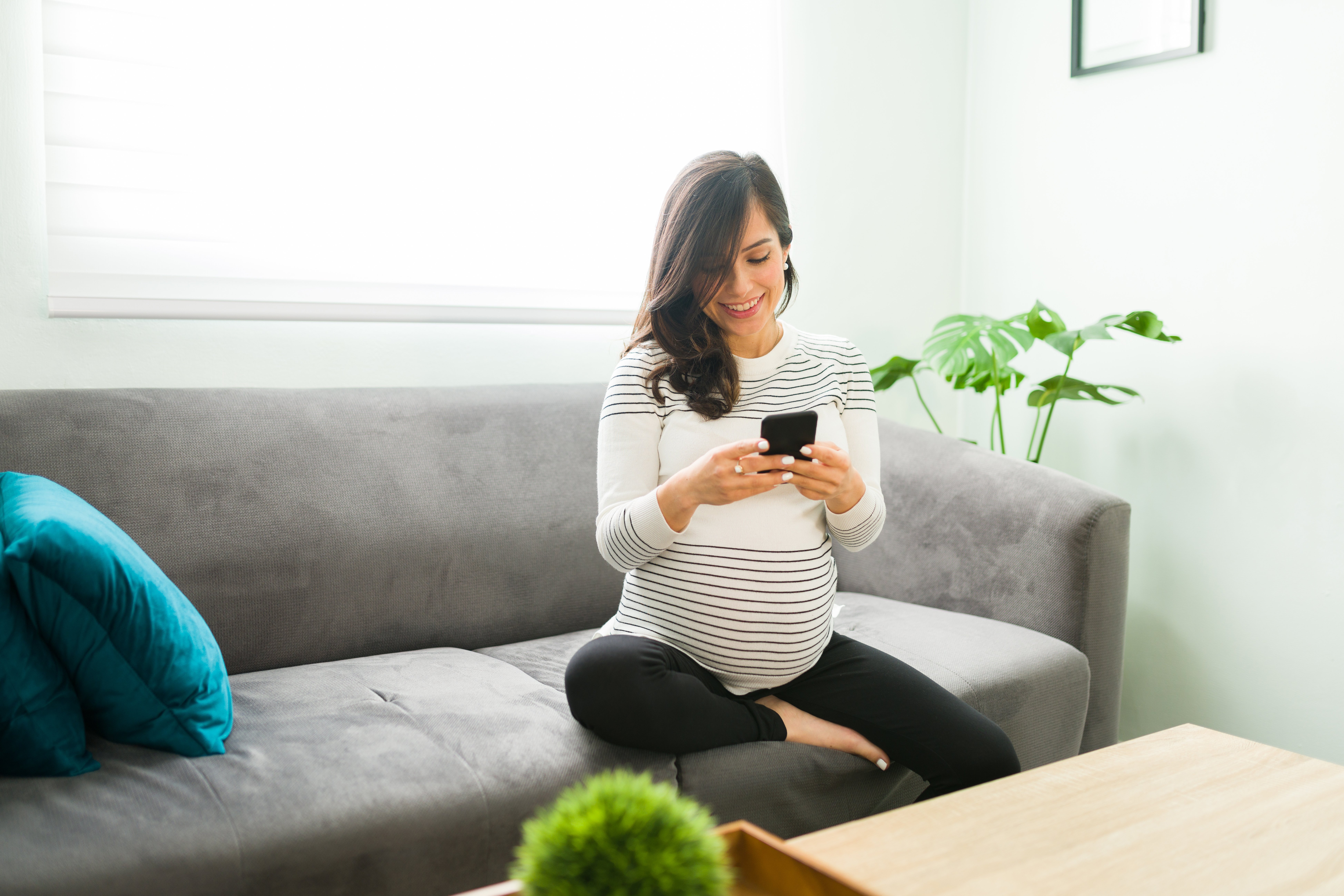 pregnany woman sending a text message sitting on a couch